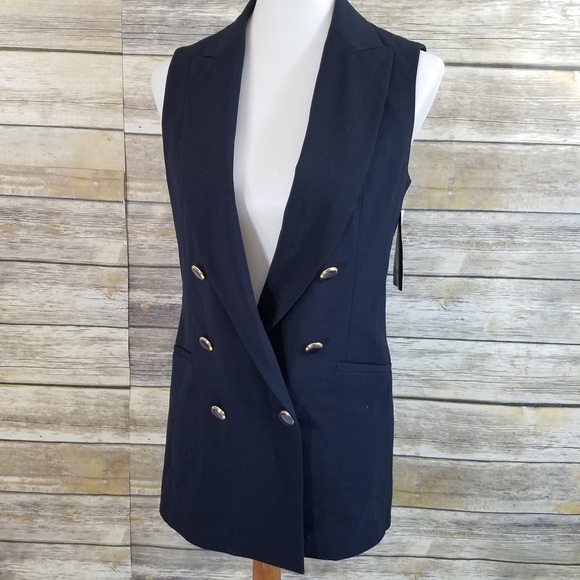 NWT Zara Navy Long Double Breasted Waistcoat Vest - Picture 7 of 8